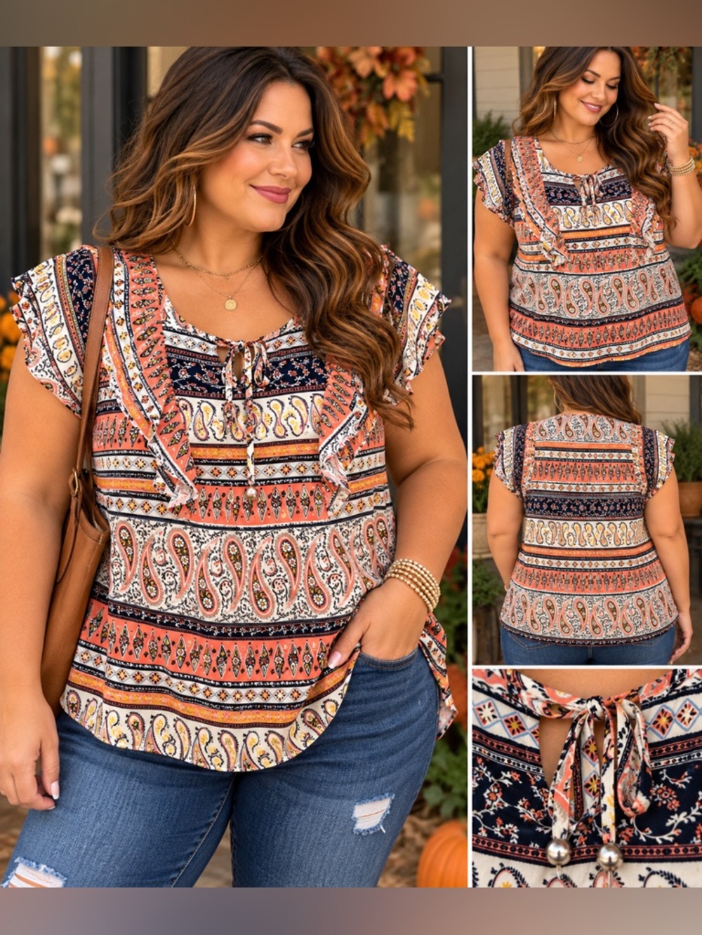 Cato Size 18/20W Boho Paisley Ruffle Top 🧡🍂